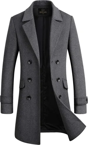 Men's Stylish Wool Blend Double Breasted Long Pea Coat