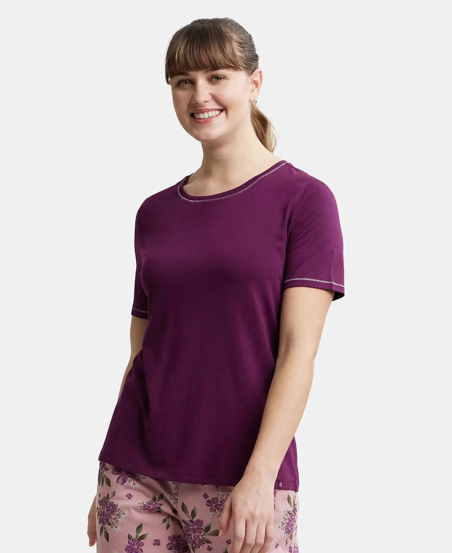 Micro Modal Cotton Relaxed Fit Round neck Half Sleeve T-Shirt - Purple Wine