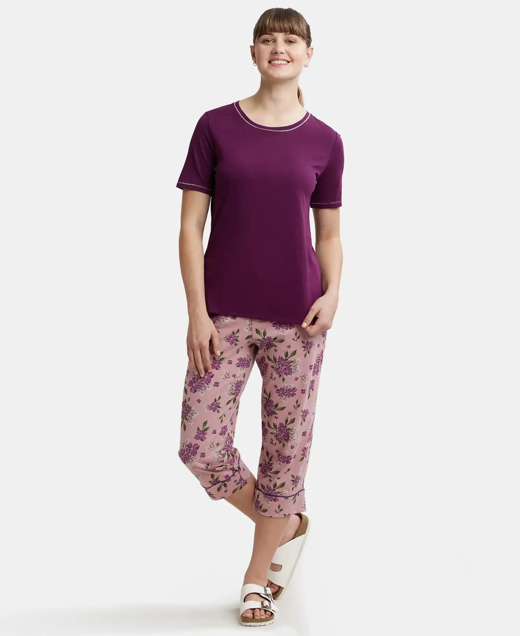 Micro Modal Cotton Relaxed Fit Round neck Half Sleeve T-Shirt - Purple Wine