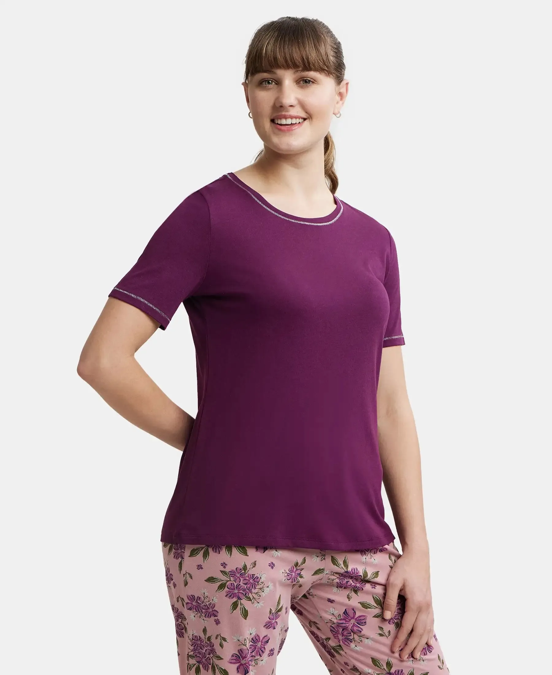 Micro Modal Cotton Relaxed Fit Round neck Half Sleeve T-Shirt - Purple Wine