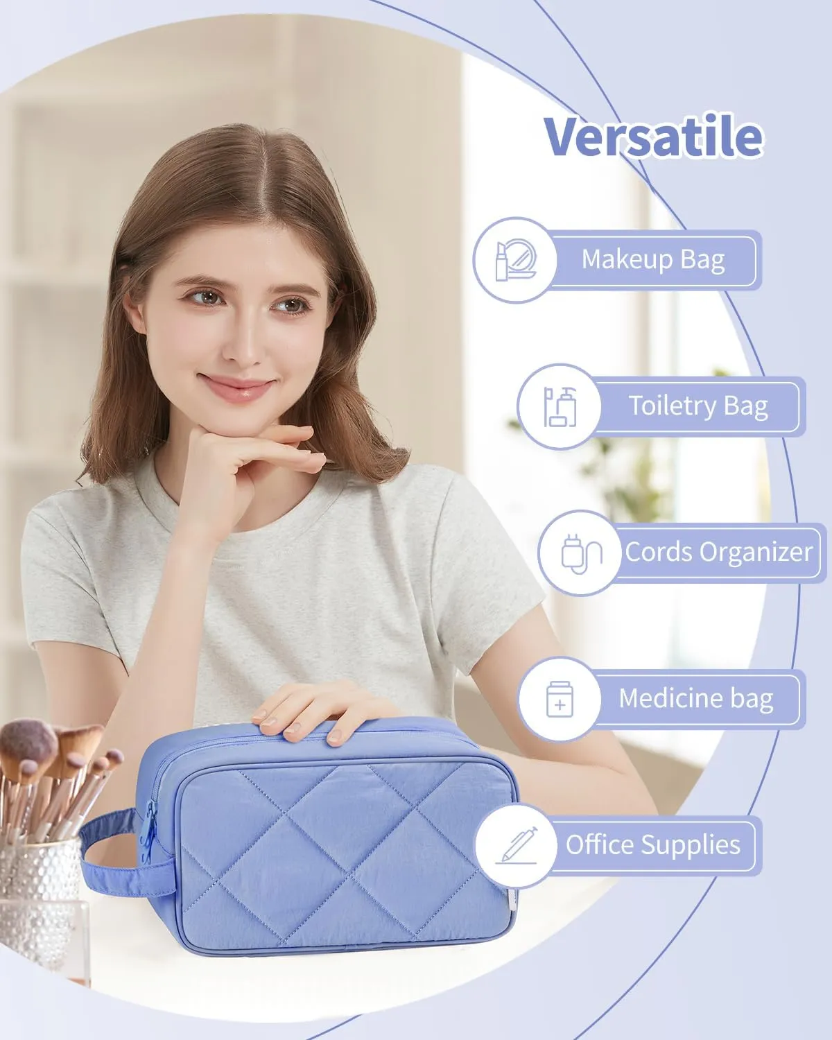 Narwey Travel Toiletry Bag for Traveling Women Travel Bag for Toiletries, Quilted Makeup Bag Cosmetic Make up Bags Medicine Bag for Girls (Blue)