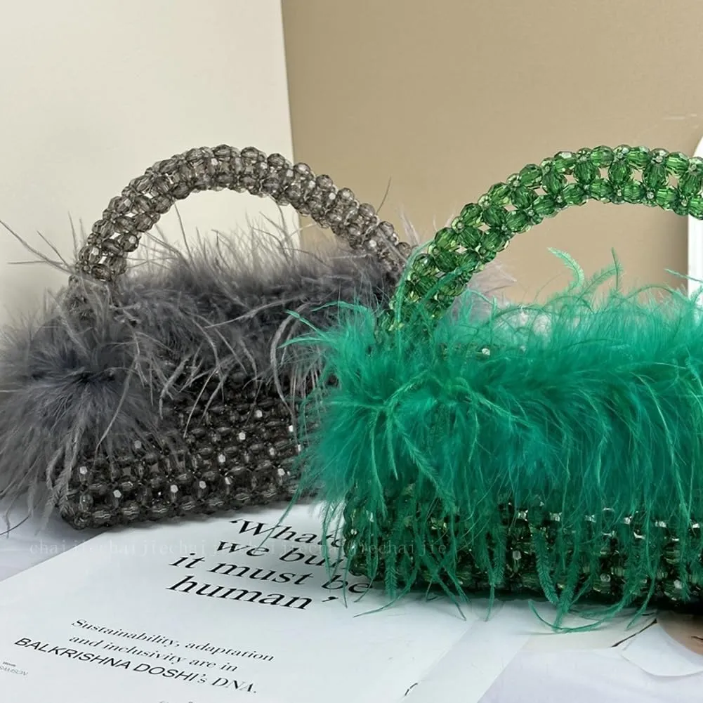 Ostrich Feather Beaded Purse for Women Shiny Evening Clutch Trendy Tote Gorgeous Handbags for Vacation Feast Party Wedding
