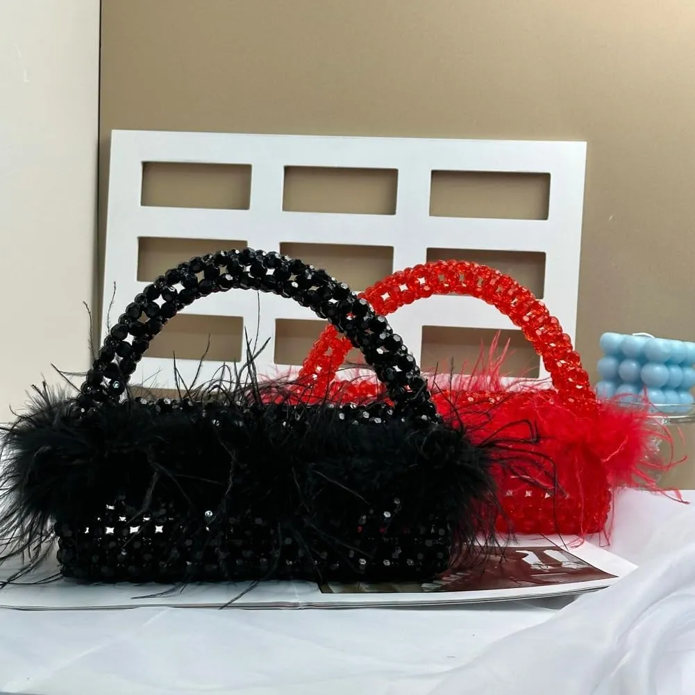 Ostrich Feather Beaded Purse for Women Shiny Evening Clutch Trendy Tote Gorgeous Handbags for Vacation Feast Party Wedding