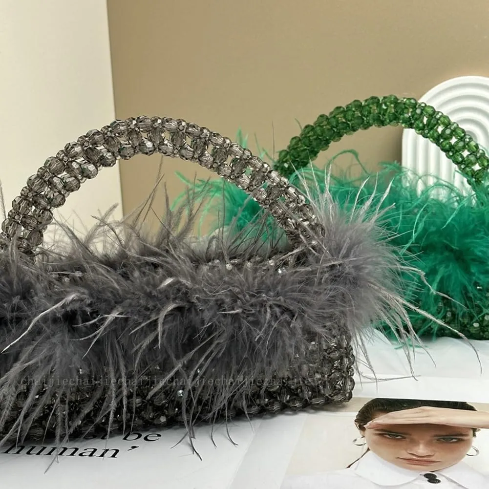 Ostrich Feather Beaded Purse for Women Shiny Evening Clutch Trendy Tote Gorgeous Handbags for Vacation Feast Party Wedding