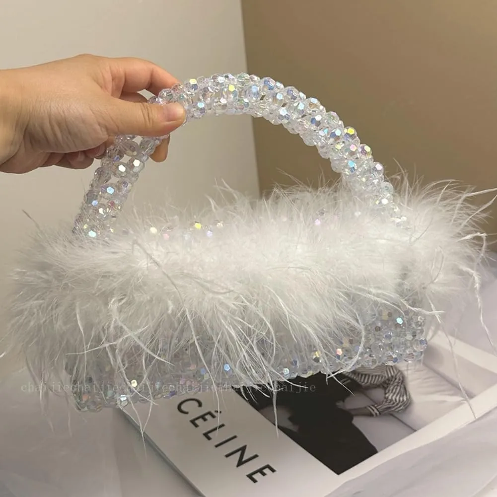 Ostrich Feather Beaded Purse for Women Shiny Evening Clutch Trendy Tote Gorgeous Handbags for Vacation Feast Party Wedding