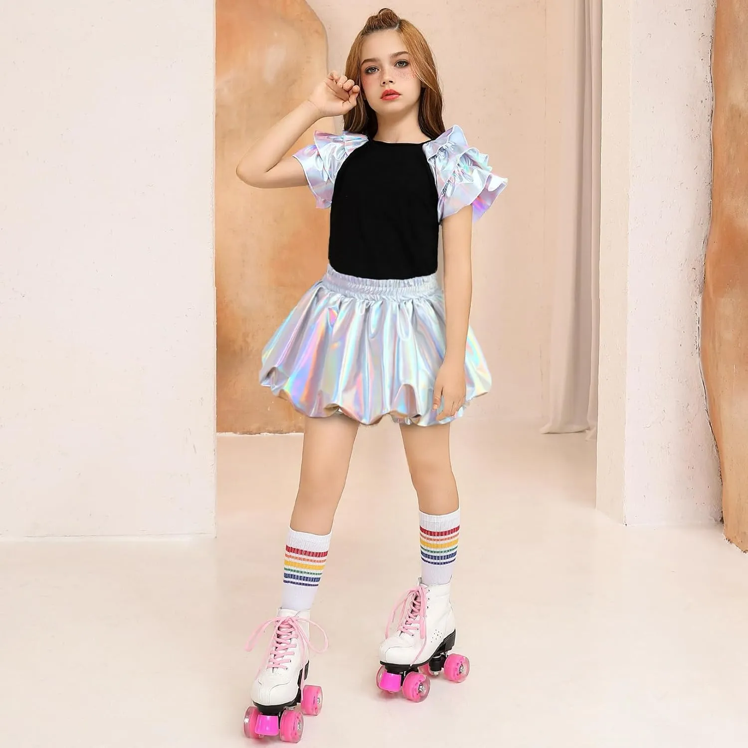 Perfashion Girls Bubble Skirt Metallic Puff Balloon Cute Mini Skorts Dance Outfits with Shorts 4-13Y