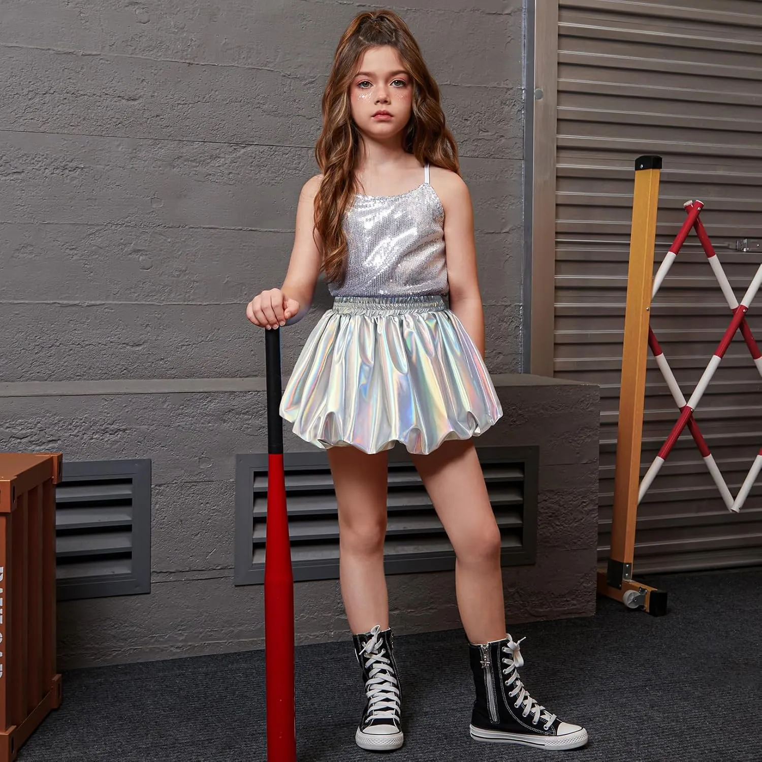 Perfashion Girls Bubble Skirt Metallic Puff Balloon Cute Mini Skorts Dance Outfits with Shorts 4-13Y