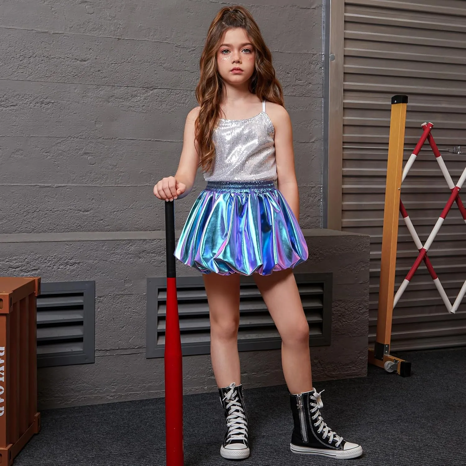 Perfashion Girls Bubble Skirt Metallic Puff Balloon Cute Mini Skorts Dance Outfits with Shorts 4-13Y