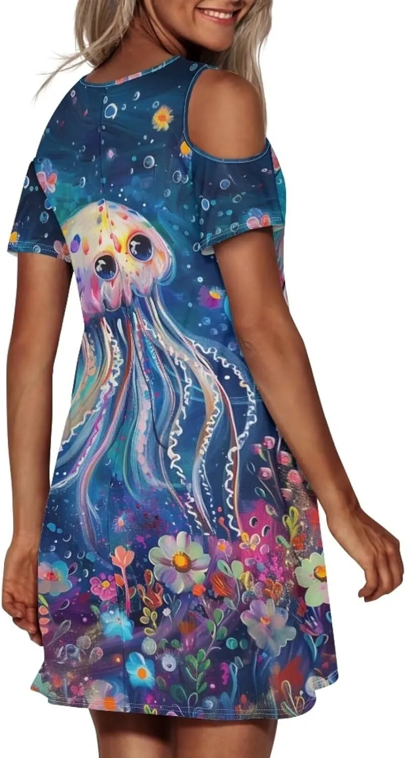 PinUp Angel Summer Casual Cute Floral Crew Neck Sundresses with Artistic Oil Painting Animal Pattern Beach Dress for Women