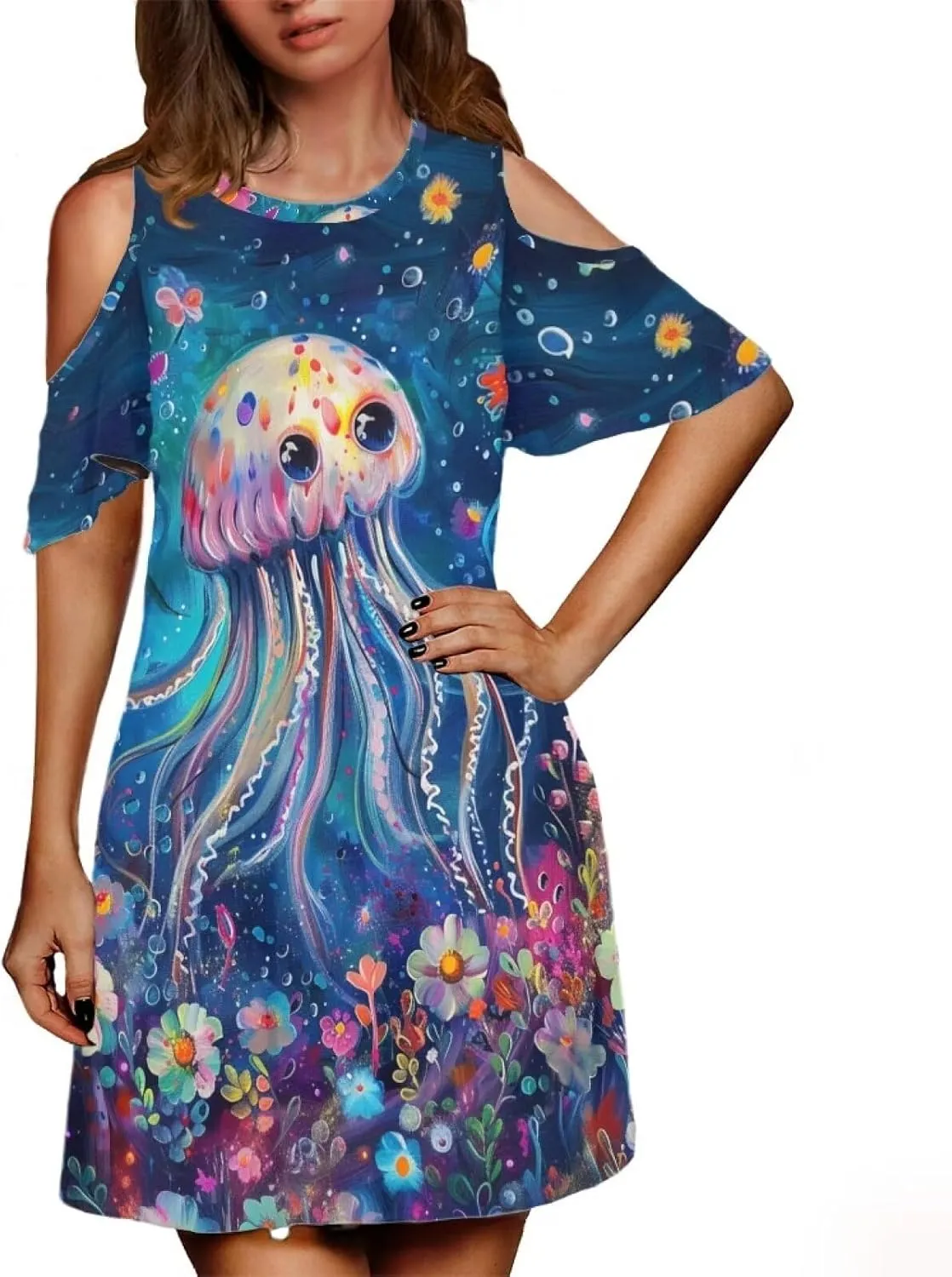 PinUp Angel Summer Casual Cute Floral Crew Neck Sundresses with Artistic Oil Painting Animal Pattern Beach Dress for Women