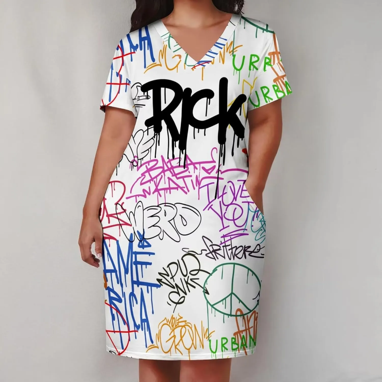 Plus Size Dresses for Curvy Women Summer Casual Graffiti V-Neck Short Sleeve with Pockets Loose A Line Midi Dress