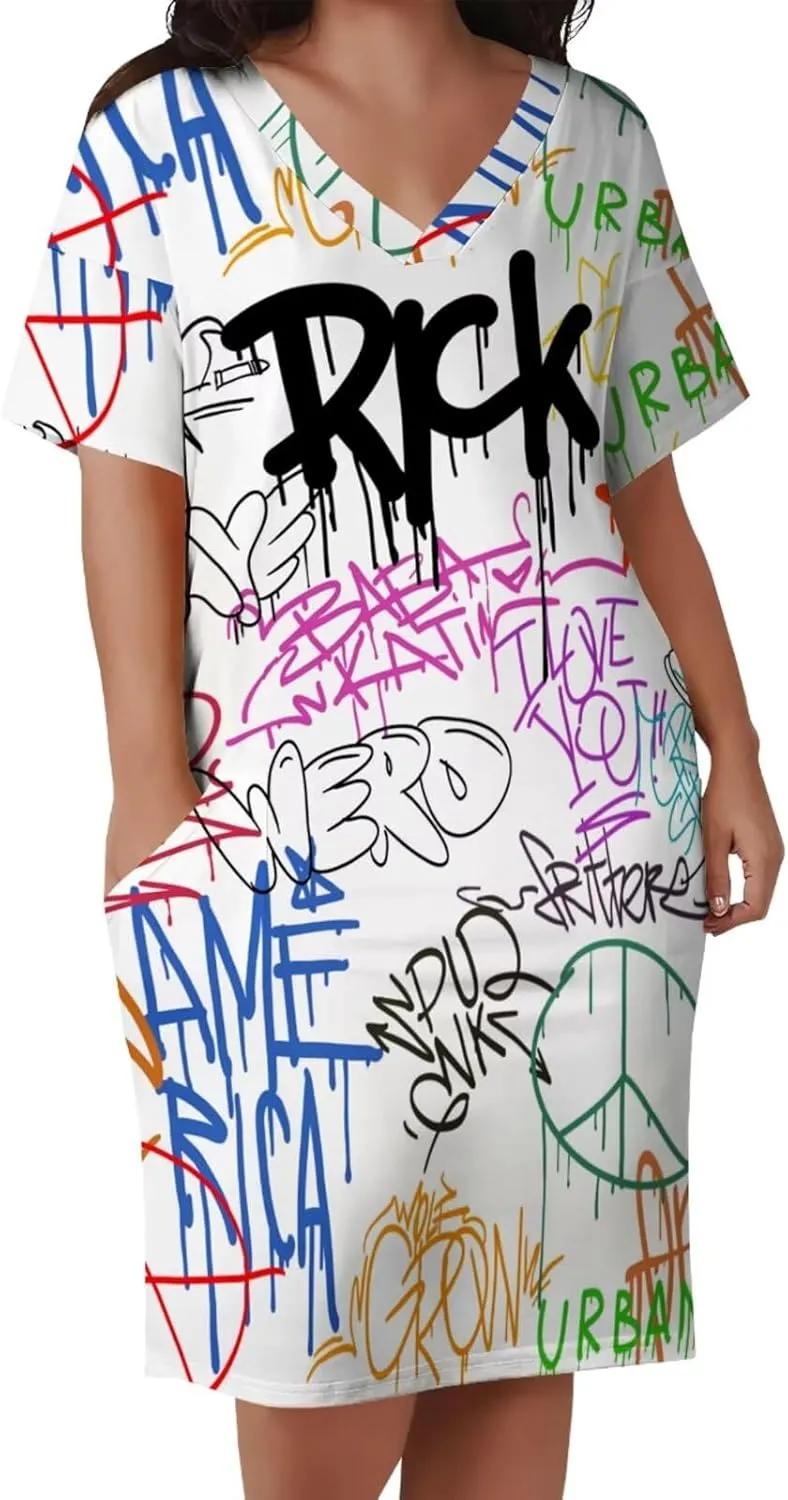 Plus Size Dresses for Curvy Women Summer Casual Graffiti V-Neck Short Sleeve with Pockets Loose A Line Midi Dress