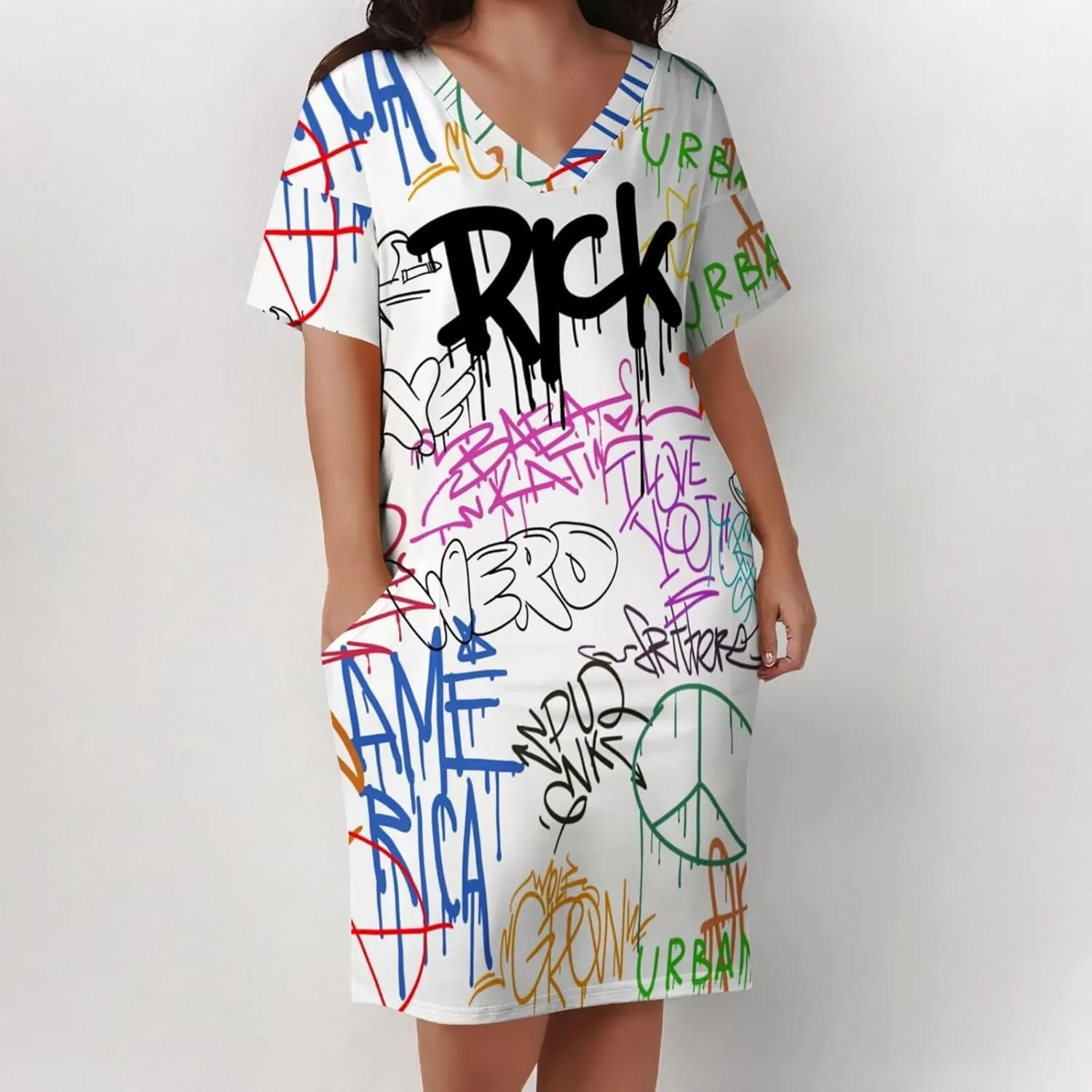Plus Size Dresses for Curvy Women Summer Casual Graffiti V-Neck Short Sleeve with Pockets Loose A Line Midi Dress