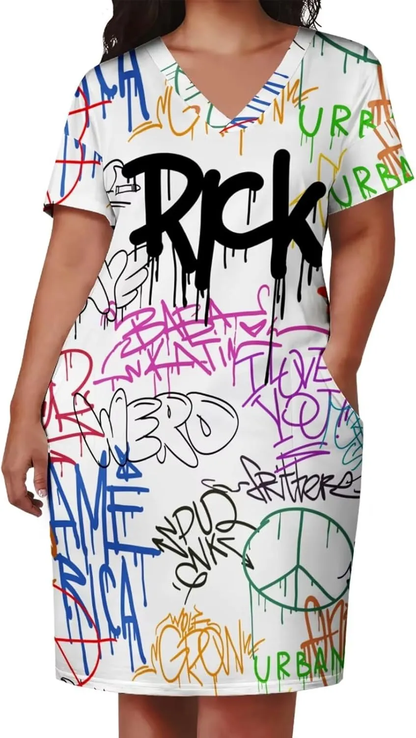 Plus Size Dresses for Curvy Women Summer Casual Graffiti V-Neck Short Sleeve with Pockets Loose A Line Midi Dress