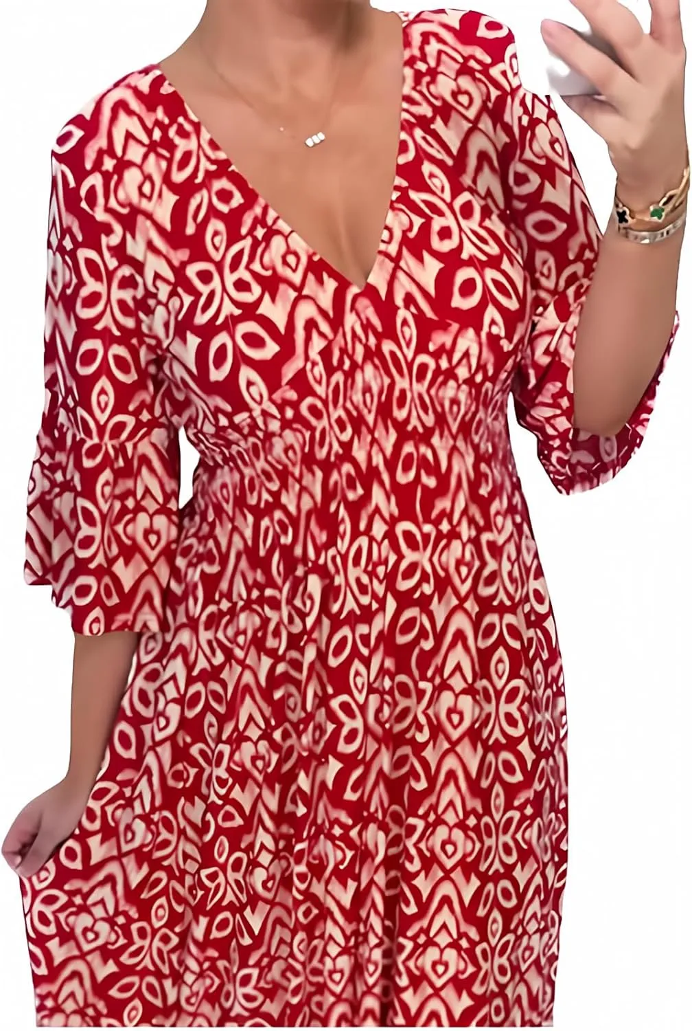 Plus Size Summer V Neck Floral Dress for Women, Loose Casual Print V-Neck Long Dress, Bohemian Wrap V Neck 3/4 Sleeve