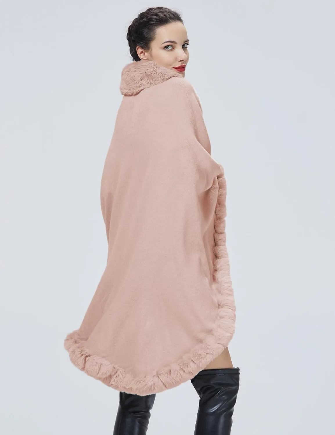Poncho Shawl Wrap Winter Faux Fur Cape Cloak Coat with Faux Fur Trim Sleeveless Cardigan for Party