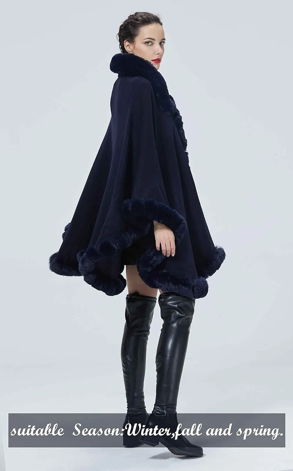 Poncho Shawl Wrap Winter Faux Fur Cape Cloak Coat with Faux Fur Trim Sleeveless Cardigan for Party