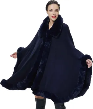 Poncho Shawl Wrap Winter Faux Fur Cape Cloak Coat with Faux Fur Trim Sleeveless Cardigan for Party