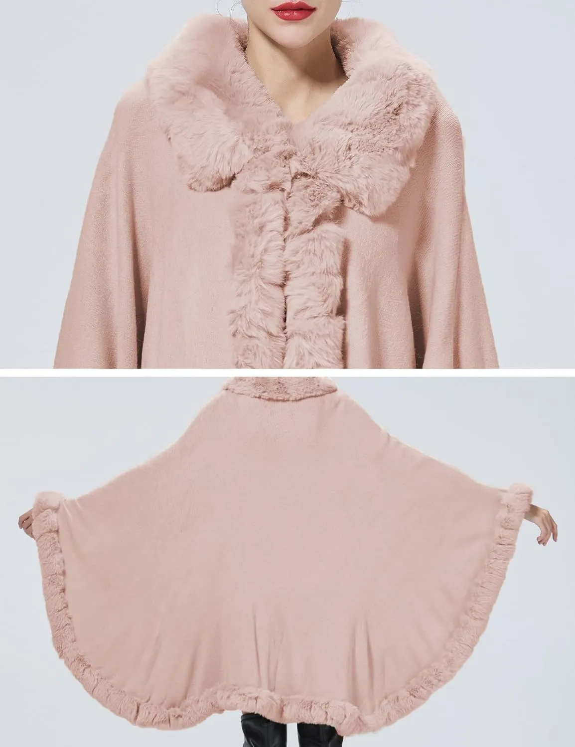 Poncho Shawl Wrap Winter Faux Fur Cape Cloak Coat with Faux Fur Trim Sleeveless Cardigan for Party