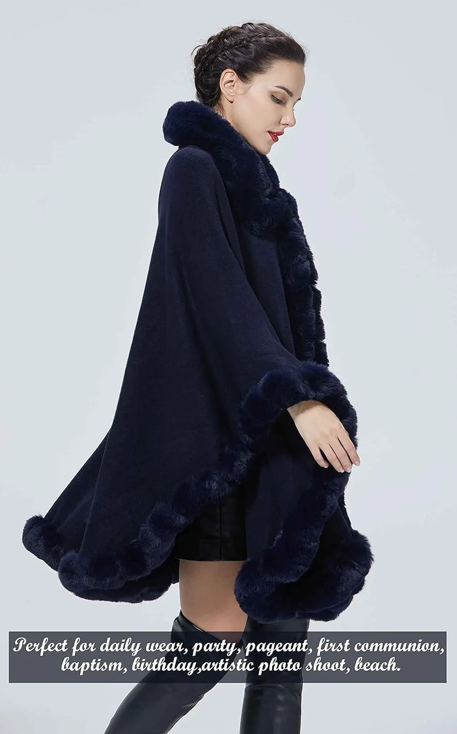 Poncho Shawl Wrap Winter Faux Fur Cape Cloak Coat with Faux Fur Trim Sleeveless Cardigan for Party