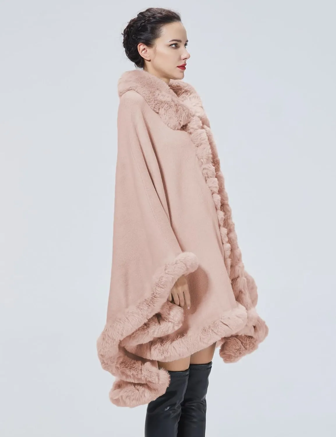 Poncho Shawl Wrap Winter Faux Fur Cape Cloak Coat with Faux Fur Trim Sleeveless Cardigan for Party
