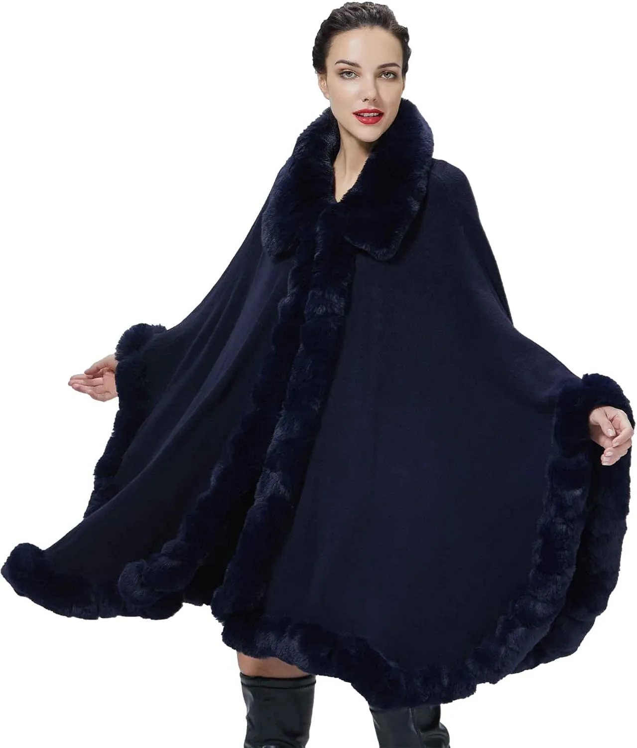 Poncho Shawl Wrap Winter Faux Fur Cape Cloak Coat with Faux Fur Trim Sleeveless Cardigan for Party