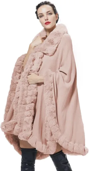 Poncho Shawl Wrap Winter Faux Fur Cape Cloak Coat with Faux Fur Trim Sleeveless Cardigan for Party