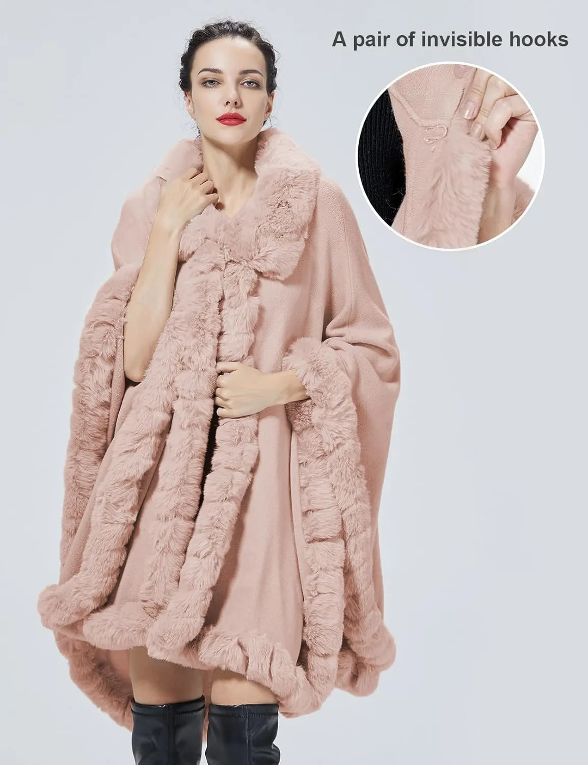 Poncho Shawl Wrap Winter Faux Fur Cape Cloak Coat with Faux Fur Trim Sleeveless Cardigan for Party