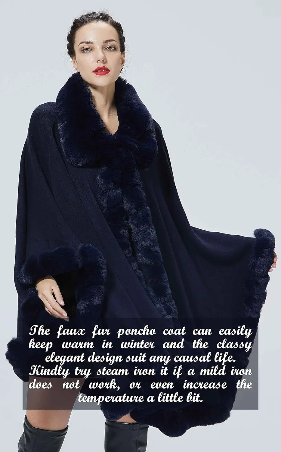 Poncho Shawl Wrap Winter Faux Fur Cape Cloak Coat with Faux Fur Trim Sleeveless Cardigan for Party