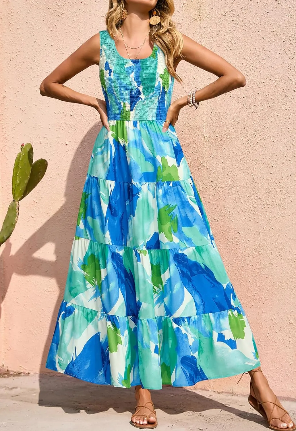PRETTYGARDEN Smocked Tank Floral Maxi Dresses for Women 2025 Wedding Guest Dress Sleeveless Flowy Long Sundress with Pockets
