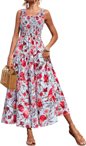 PRETTYGARDEN Smocked Tank Floral Maxi Dresses for Women 2025 Wedding Guest Dress Sleeveless Flowy Long Sundress with Pockets