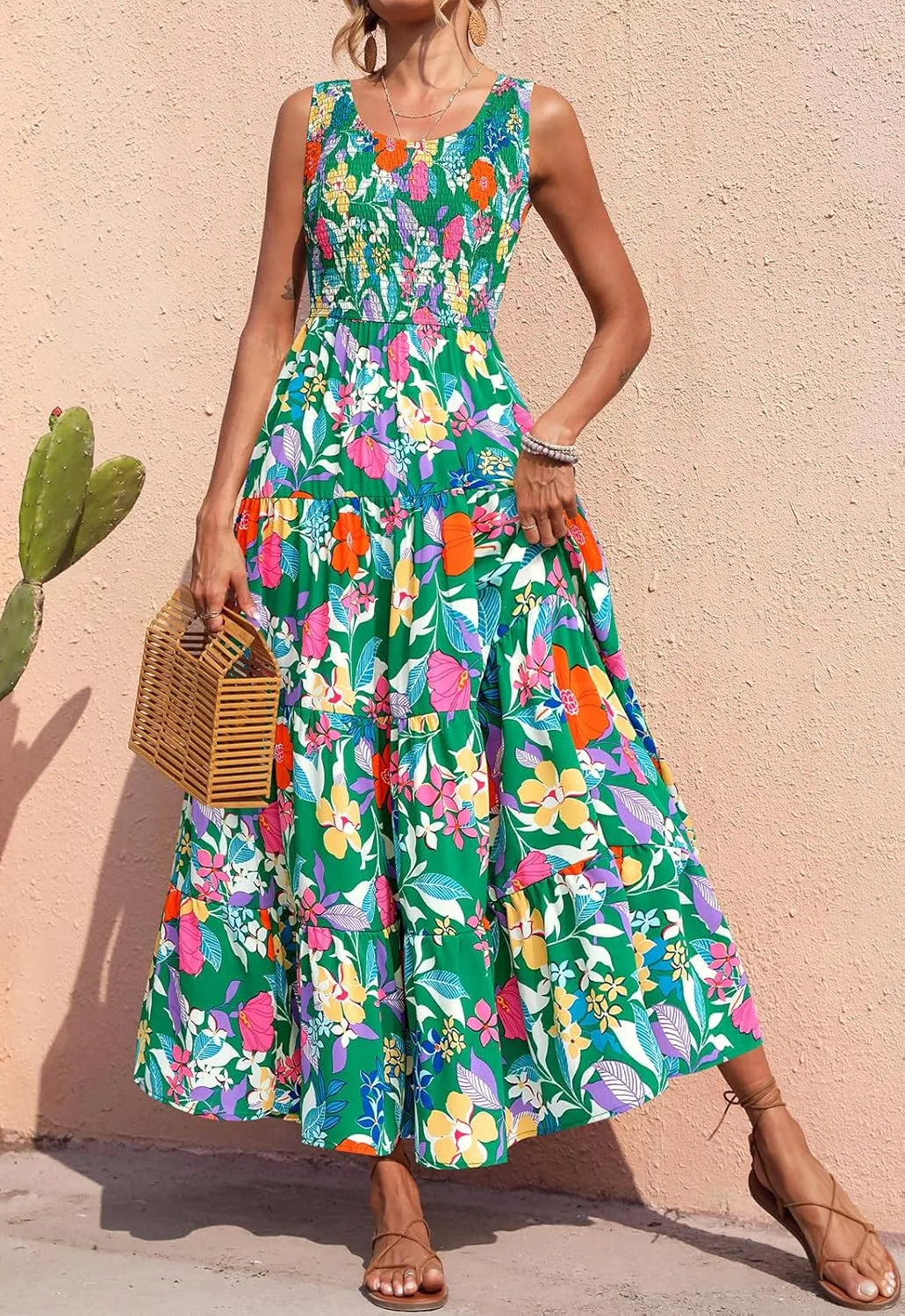 PRETTYGARDEN Smocked Tank Floral Maxi Dresses for Women 2025 Wedding Guest Dress Sleeveless Flowy Long Sundress with Pockets