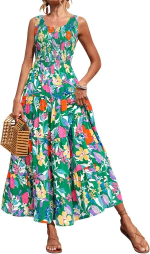 PRETTYGARDEN Smocked Tank Floral Maxi Dresses for Women 2025 Wedding Guest Dress Sleeveless Flowy Long Sundress with Pockets