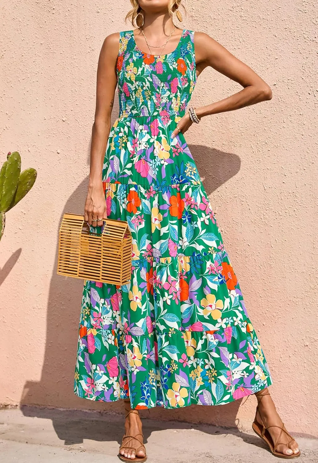 PRETTYGARDEN Smocked Tank Floral Maxi Dresses for Women 2025 Wedding Guest Dress Sleeveless Flowy Long Sundress with Pockets