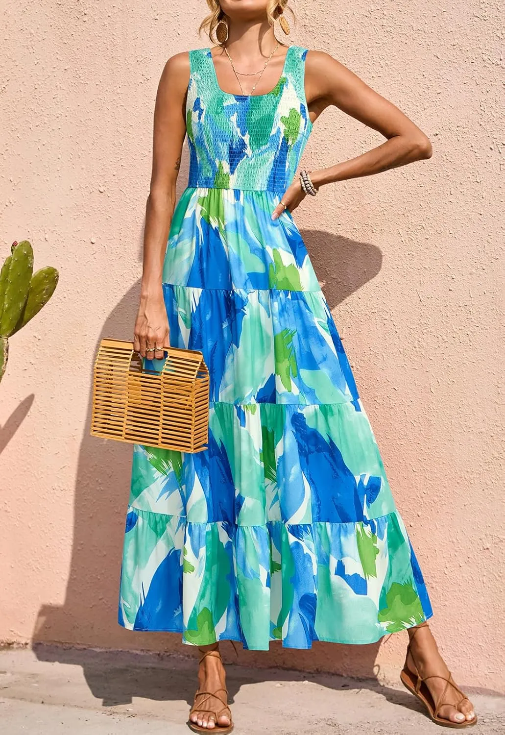 PRETTYGARDEN Smocked Tank Floral Maxi Dresses for Women 2025 Wedding Guest Dress Sleeveless Flowy Long Sundress with Pockets