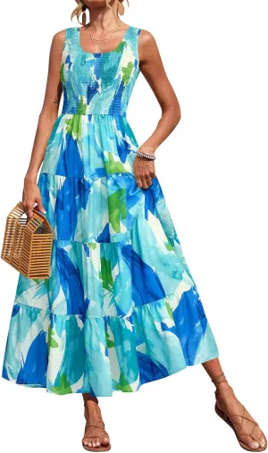 PRETTYGARDEN Smocked Tank Floral Maxi Dresses for Women 2025 Wedding Guest Dress Sleeveless Flowy Long Sundress with Pockets