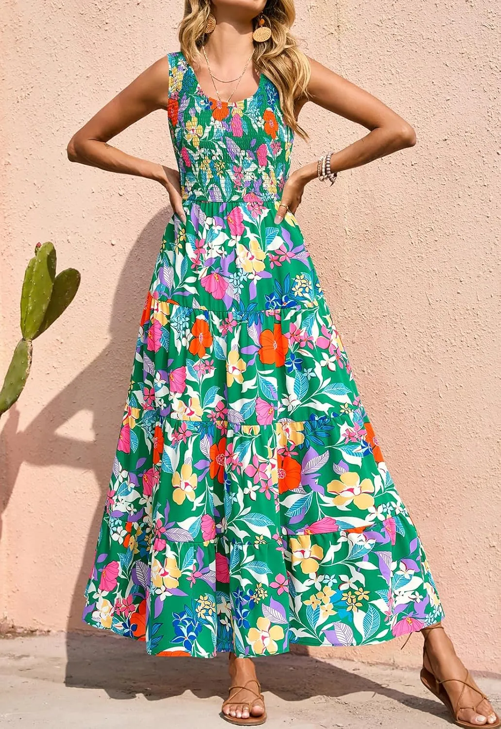 PRETTYGARDEN Smocked Tank Floral Maxi Dresses for Women 2025 Wedding Guest Dress Sleeveless Flowy Long Sundress with Pockets