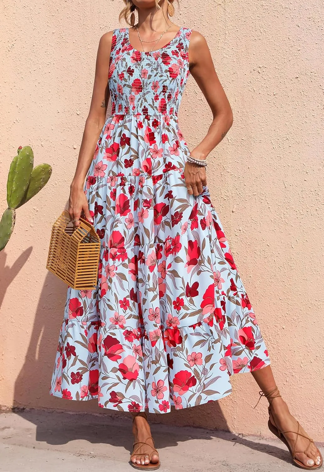 PRETTYGARDEN Smocked Tank Floral Maxi Dresses for Women 2025 Wedding Guest Dress Sleeveless Flowy Long Sundress with Pockets