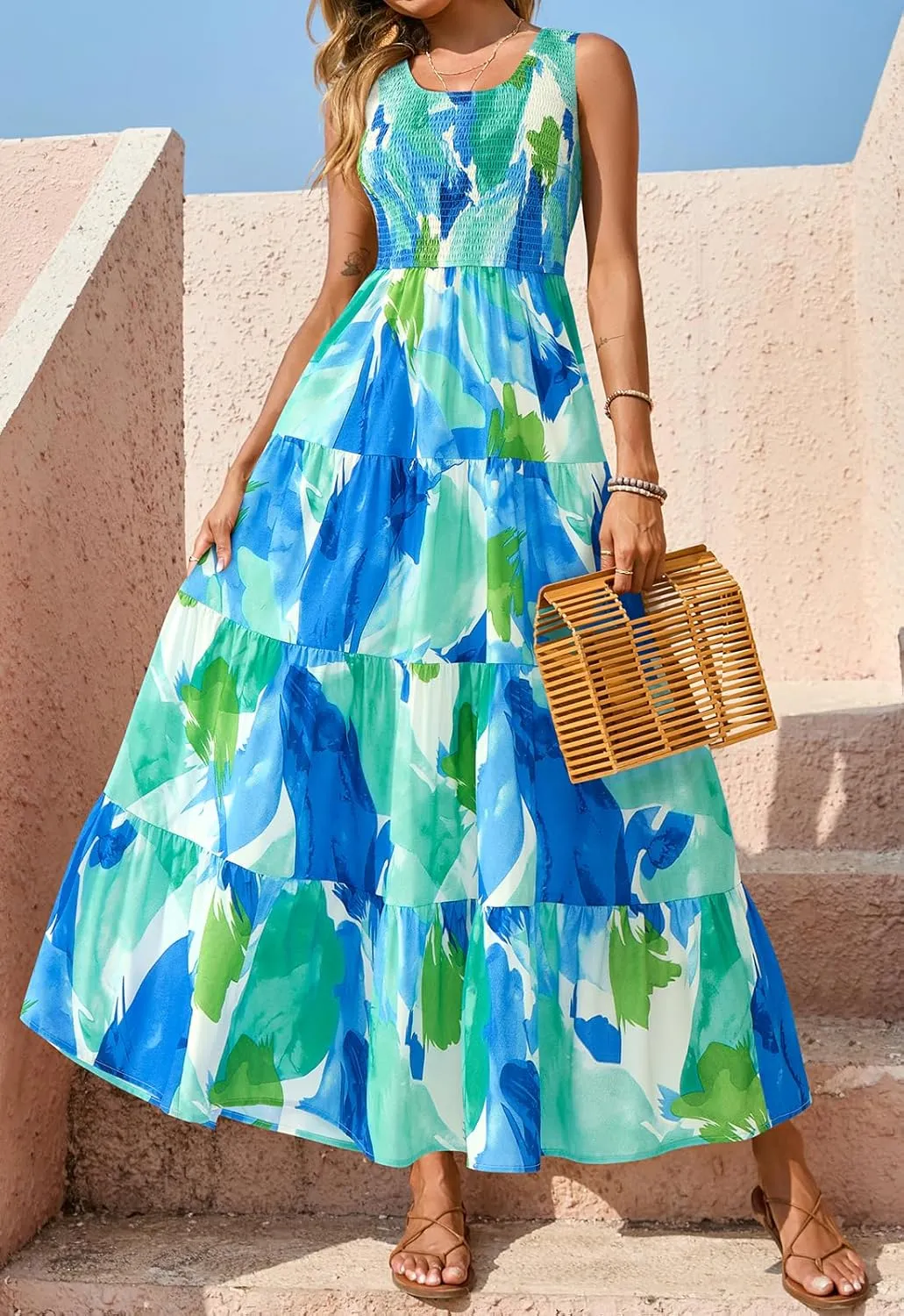 PRETTYGARDEN Smocked Tank Floral Maxi Dresses for Women 2025 Wedding Guest Dress Sleeveless Flowy Long Sundress with Pockets