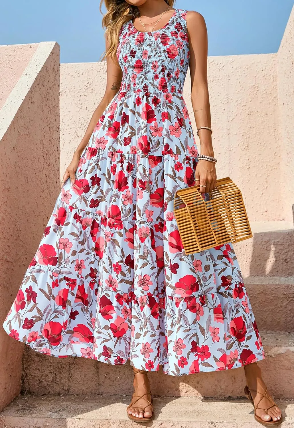 PRETTYGARDEN Smocked Tank Floral Maxi Dresses for Women 2025 Wedding Guest Dress Sleeveless Flowy Long Sundress with Pockets