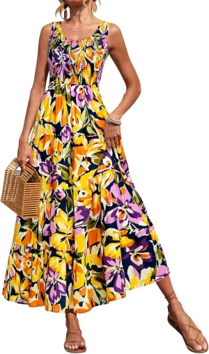 PRETTYGARDEN Smocked Tank Floral Maxi Dresses for Women 2025 Wedding Guest Dress Sleeveless Flowy Long Sundress with Pockets