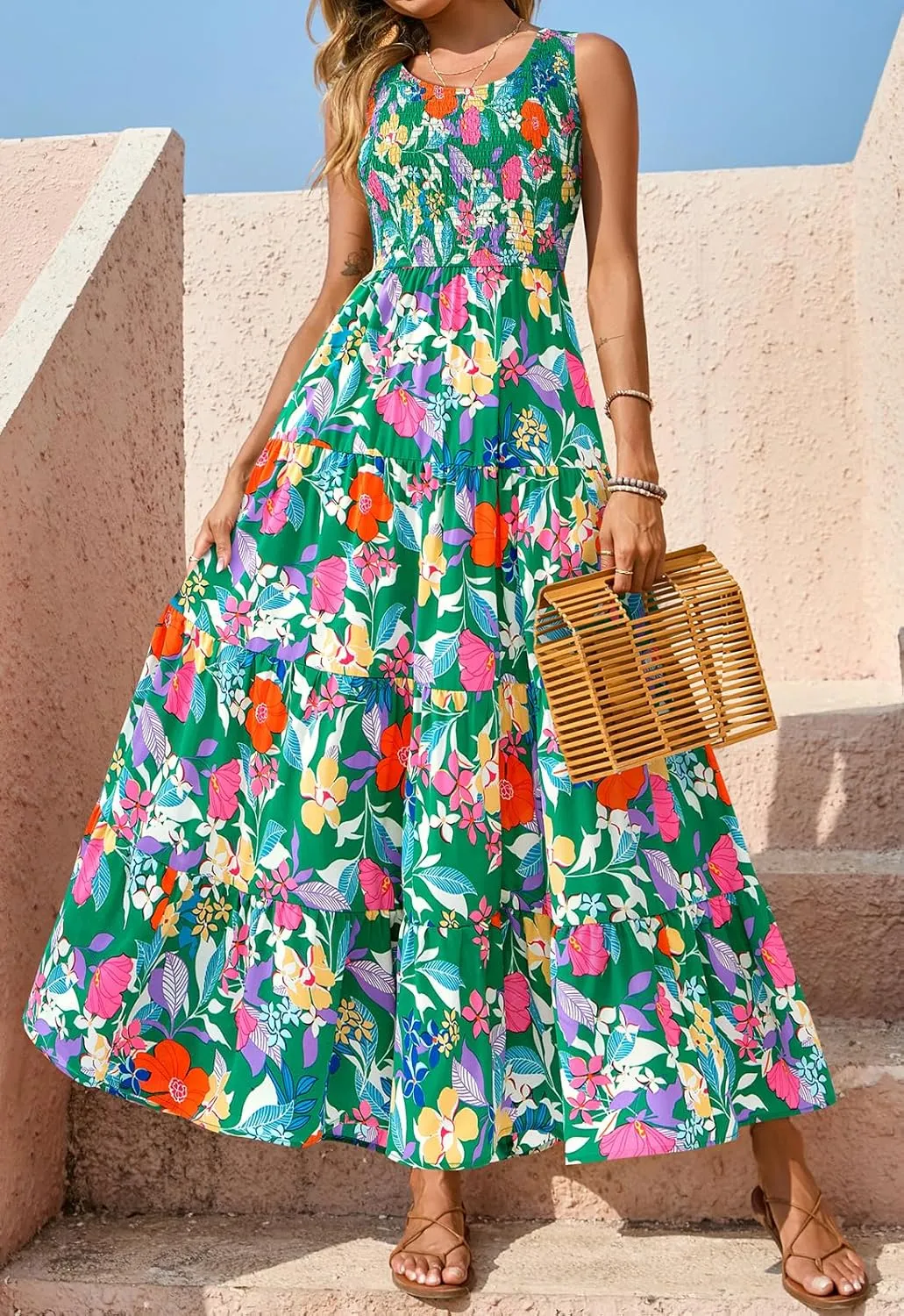 PRETTYGARDEN Smocked Tank Floral Maxi Dresses for Women 2025 Wedding Guest Dress Sleeveless Flowy Long Sundress with Pockets