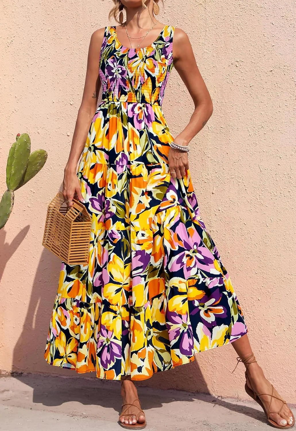 PRETTYGARDEN Smocked Tank Floral Maxi Dresses for Women 2025 Wedding Guest Dress Sleeveless Flowy Long Sundress with Pockets