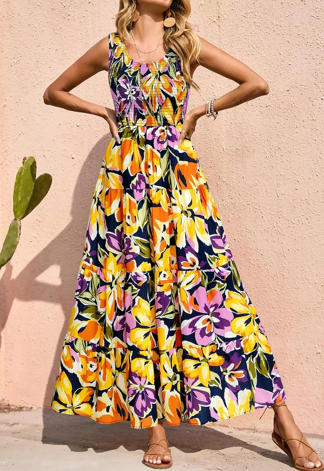 PRETTYGARDEN Smocked Tank Floral Maxi Dresses for Women 2025 Wedding Guest Dress Sleeveless Flowy Long Sundress with Pockets