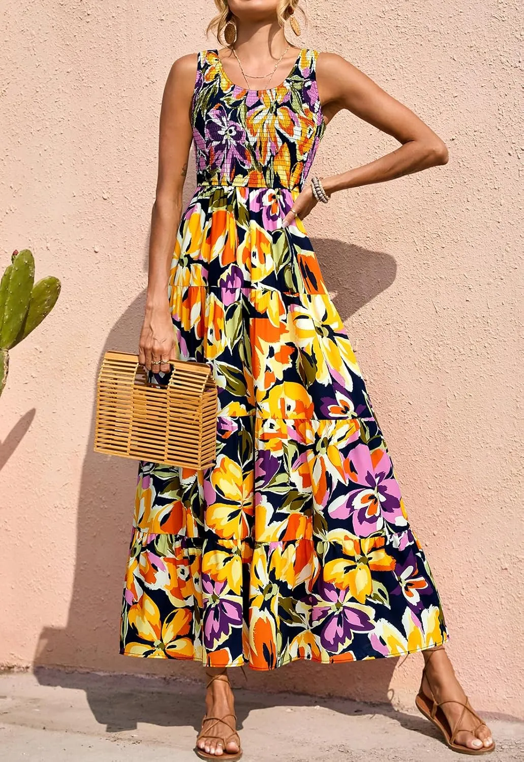 PRETTYGARDEN Smocked Tank Floral Maxi Dresses for Women 2025 Wedding Guest Dress Sleeveless Flowy Long Sundress with Pockets