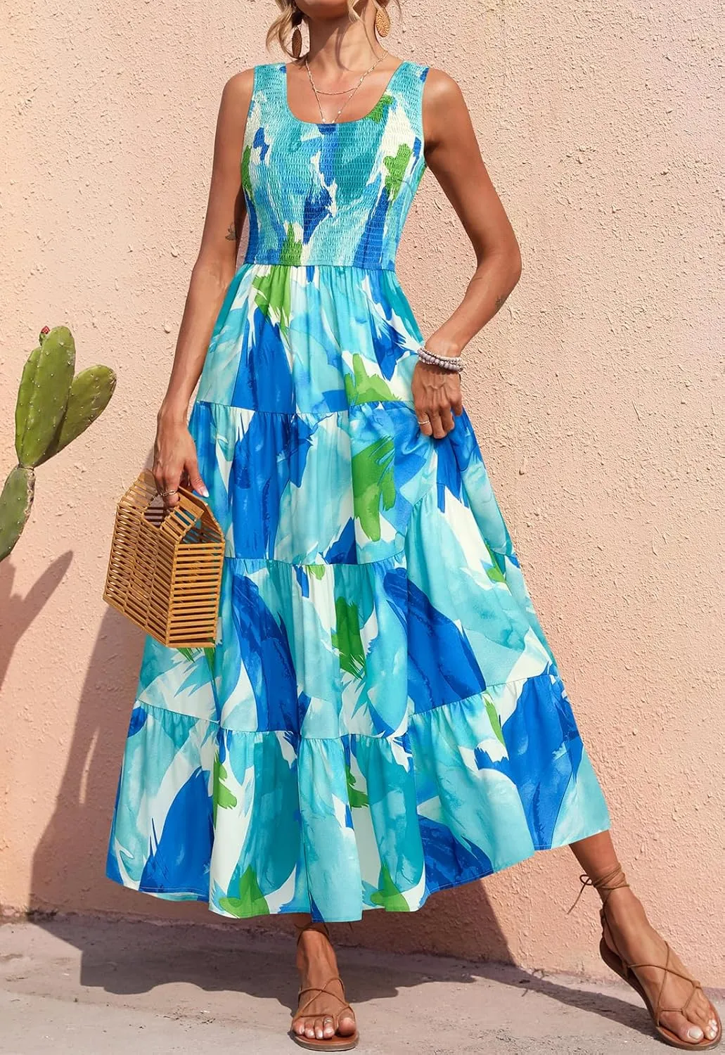 PRETTYGARDEN Smocked Tank Floral Maxi Dresses for Women 2025 Wedding Guest Dress Sleeveless Flowy Long Sundress with Pockets