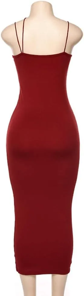 PRIMODA Women's Sexy Neon Asymmetrical Spaghetti Strap Dress Deep V-Neck Sleeveless Bodycon Midi Club Dress