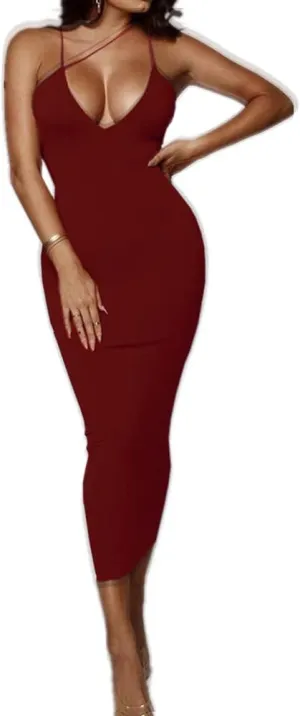 PRIMODA Women's Sexy Neon Asymmetrical Spaghetti Strap Dress Deep V-Neck Sleeveless Bodycon Midi Club Dress
