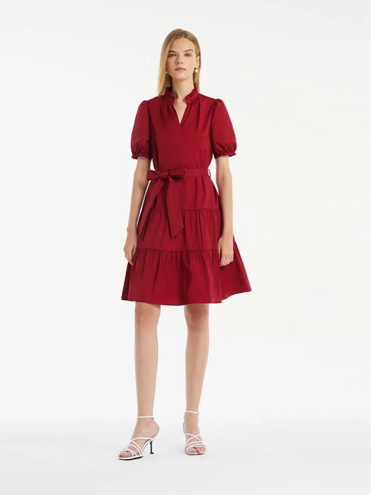 Puff Sleeves Tiered Women Mini Dress With Belt