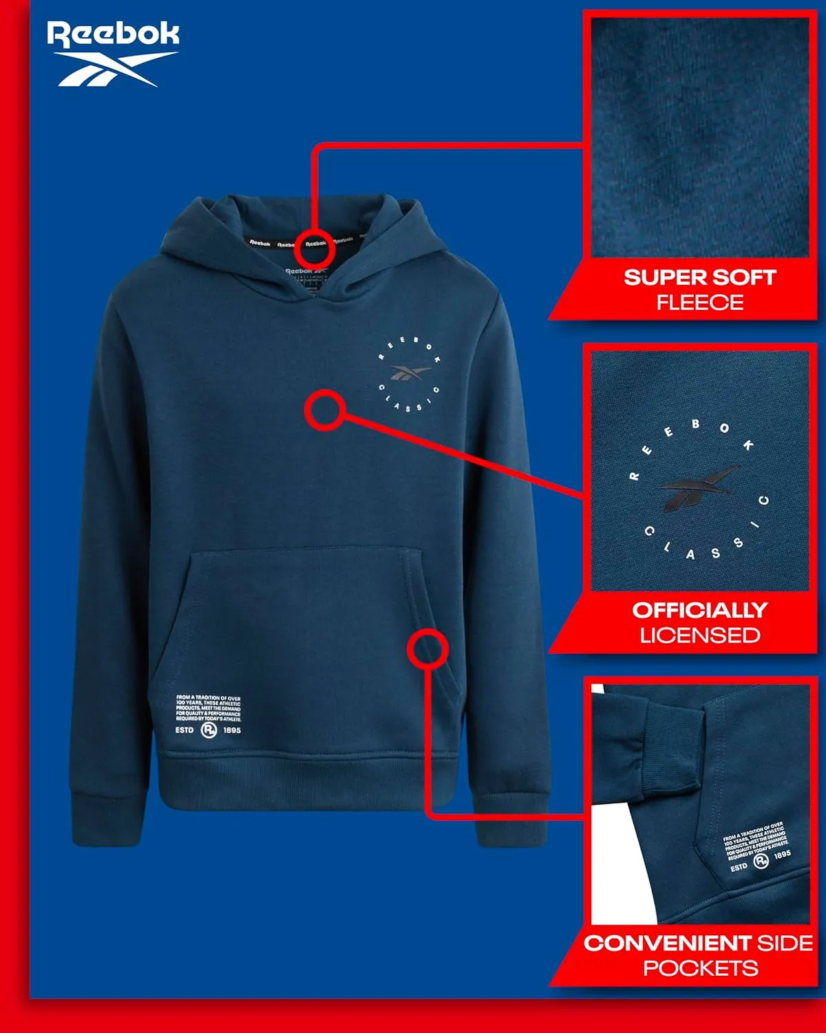 Reebok Boys Sweatshirt  Active Fleece Pullover Hoodie (Size: 4-20)